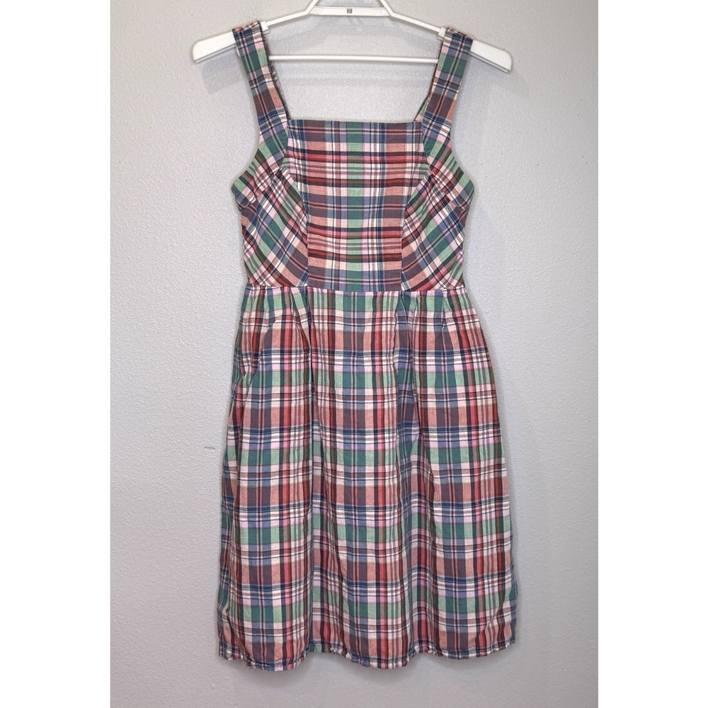 Lands' End Sun‎ Dress Womens Size 6T Multi Color Plaid Linen Blend Lined Pockets